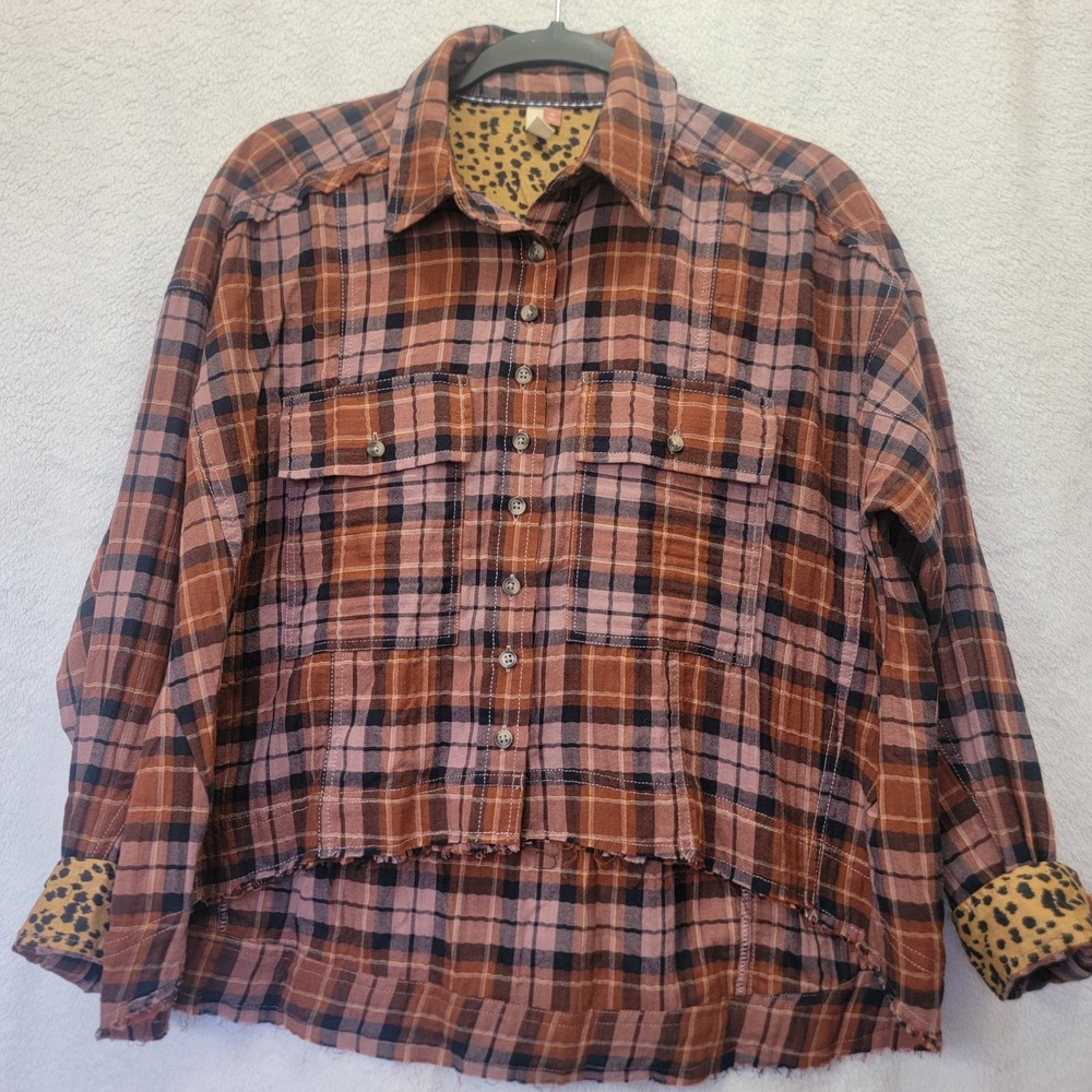 Anthropologie Pilcro Hi Lo Button Flannel Cropped Shirt Leopard Flip‎ Cuffs XS